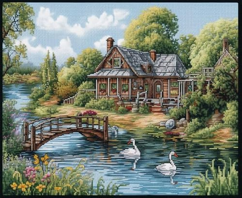 Cottage Garden House, Kit Mezzo Punto Ricamo Disegni da Ricamare, Kit per Ricamo a Punto Croce Prestampato da 11 ct, per Adulti, Fai da Te con Motivi, 55 x 45 cm