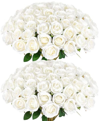 Rowfad 60 Pcs Artificial Roses Bulk Velvet Silk White Roses White Roses for Wedding Centerpieces Bridal Bouquet Mohter's Day Valentine's Day Home Decor (60, White)