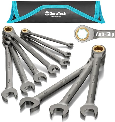 DURATECH 10-tlg. Anti-Rutsch-Ratschenschlüssel-Satz, 6-18 mm, Cr-V Stahl | Anti-Rutsch, Vernickelt, 72-Zahn-Ratsche, Chrom-Vanadium-Stahl, Kombinations-Ratschenringschlüssel-Set, Rolltasche