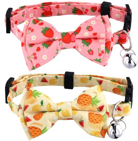2stk Sommer-Katzenhalsbänder, Süßes Obst Katzenhalsband mit Fliege und Glöckchen Verstellbar Weiches Katzenhalsband mit Fliege mit Ananas Erdbeermuster für Mädchen Jungen (Rosa, Gelb)