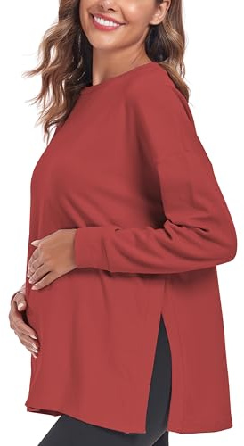 Love2Mi Camicia premaman a maniche lunghe da donna Top premaman, Legno rosso., S