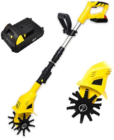 Naturalpowev Cordless Electric Tiller/Cultivator 20V Portable Rotary Tiller with Battery and Charger, Aluminum Alloy Telescopic Rod, for Lawn/Gardening/Soil Cultivation