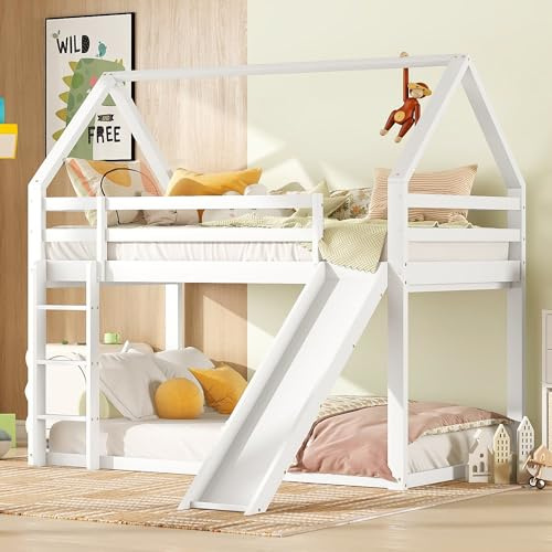 MSMOK Kinderbett Einzelbett Hausbett Etagenbett mit Rutsche und Leiter (Weiß, 90 * 200cm)
