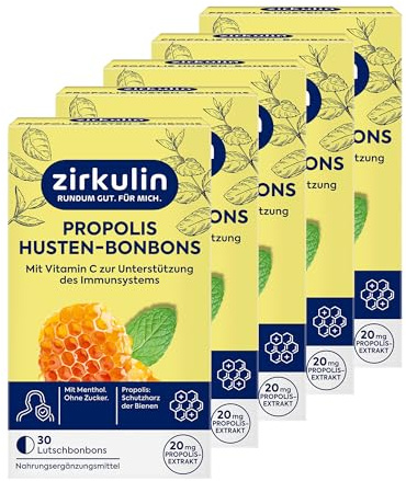 Zirkulin Propolis Hals- & Husten-Bonbons (5x 30 Stk.) – 20mg Propolis pro Bonbon - mit wertvollem Vitamin C & Menthol – Honig Orange Aroma – wohltuende Lutschbonbons – Ohne Zucker