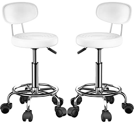 Chleby 2er Bürohocker Höhenverstellbar, Stehhocker um 360°drehbarer, Ergonomischer Hocker Höhenverstellbar Sitzhöhe 46-62cm, Arbeitshocker mit Rückenlehne, Rollen und Hebefunktion für Büros, Bars Weiß