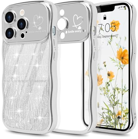 Wirvyuer for iPhone 14 Pro Max Curly Wave Frame Case, Plated Heart Clear Cover with Removable Glitter Sparkly Card, Raised Camera Anti-scratch Protective Bumper Phone Case for Women Girls, Silver