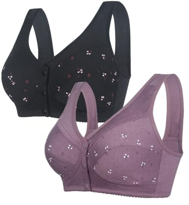 SDERG 2PC Front Fastening Bras for Women UK Plus Size Women's Bras Non Wired Full Coverage Soft Comfortable Daisy Bras for Older Women UK Floral Print Non Wired Front Fastening Sports Bra Sale