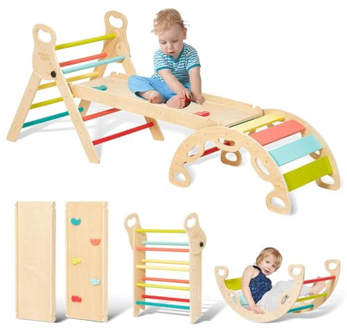 Giant bean 5-in-1 Montessori Kletterdreieck mit Kletterbogen und Rutsche, Holzdreieck für Kleinkinder ab 1-3, Indoor Kletterspielzeug, Regenbogen mit Griff, Hellbraun, S