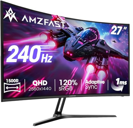 Amzfast 27 inch Gaming Monitor, 2560x1440 QHD, 240Hz, Fast VA Curved 1500R, 1ms MPRT, Adaptive Sync, HDR, 90% DCI-P3, 2500:1 Contrast, HDMI 2.0& DP1.4, VESA 100x100mm, Low Blue Light, AMZG27C1Q Pro