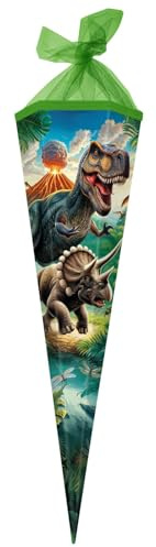 goldbuch 98 157 Schultüte 85 cm Vulkan, Zuckertüte 6-eckig, Geschenktüte mit Dinosaurier-Motiv, Geschenkverpackung aus Lackkarton, Einschulungstüte mit Netzverschluss, ca. 85 x 24 x 20 cm, bunt