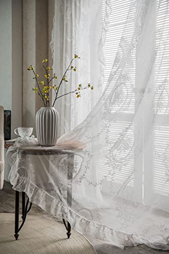 Plancholo Weißer Spitzenvorhang, 274 cm lang, für Schlafzimmer, Wohnzimmer, 1 Panel, Boho, durchscheinender Vorhang mit gewelltem Rüschen, Vintage-Blumenstickerei, Stangentasche, Fensterbehandlung, (B