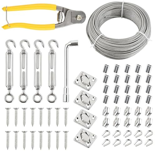 67 st sats stålvajer 3 mm, 50 m stålrep med öljetter, 4 repspännset, 20 pressslingor, 10 vajerklämmor, 10 kausar för vajer, 4 ögonbultar, vajer tvättlina, gardinrep rostfritt stål 7 x 7