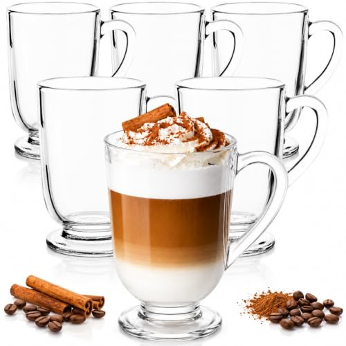 OMAGO® Set mit 6 eleganten Gläsern mit Henkel, 300 ml, hohe Gläser für Latte, Tee und Desserts, Gläser für heiße und kalte Getränke