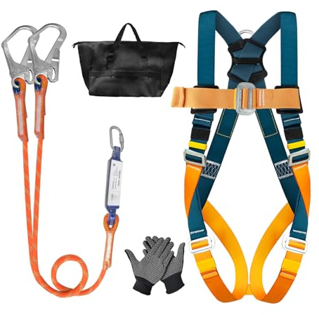Full-Body Safety Harness with Energy Absorber, 1.8m Dual Lanyards & Alloy Steel Large Hooks, Adjustable, 140kg Max Load, EN 361/354/355, Fall Protection for Men Roofing, Climbing & Working at Height