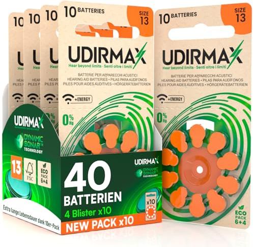 40 Batterien für Hörgeräte PR48 Größe 13 (Orange) Udirmax Zink-Luft 0% Quecksilber 1,45V Batterien mit Dynamischer Sonartechnologie Eco Pack - 4 Eco Blister mit 10 Batterien