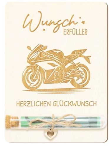 1 Stück Geburtstagskarte Motorrad, Holz Verpackung Motorrad Geschenke Für Männer Frauen, Motorrad mit Reagenzgläser, Wunscherfüller Geldgeschenk Motorrad, Spardose Fahrrad, Sport Motorrad