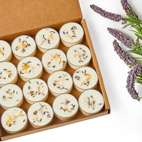 Ashlux Candele tealight in cera di soia alla lavanda, confezione da 16 pezzi – 4 ore di combustione, non paraffina, senza fumo, candele tealight per matrimoni, centrotavola, decorazioni per la casa e