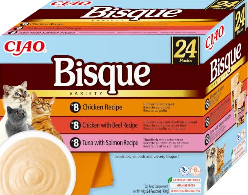 INABA Ciao Bisque kattgodis med högkvalitativa ingredienser, rik på fukt och protein, lågt kaloriinnehåll, utan spannmål eller socker 40 g (paket med 24)