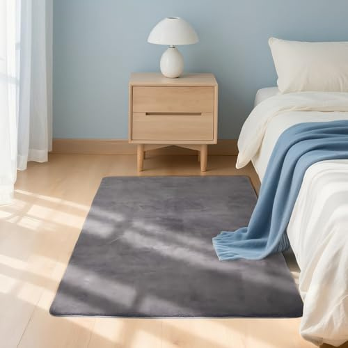 Teppich Läufer Flauschiger Kurzflor, Wohnzimmerteppich, 60X100, Dunkelgrau | Kleiner Matte Flur Teppiche Schlafzimmer, Einfarbiges Bettvorleger Rutschfest für Deko/Küche/Eingang/Kinderzimmer