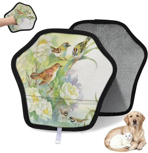WowPrint Wasserfarben-Handschuhe für Tierhaarentfernung, Motiv: Blumen, Vögel, für Katzen, Hunde, Vögel, Druck, wiederverwendbar, elektrostatische Tierhaar-Handschuhe, Bürstenwerkzeug für Couch