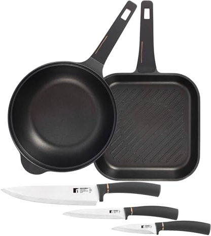 Juego de Sartén Grill 28x28cm y Wok Ø30cm en Aluminio fundido + Set de 3 Cuchillos de cocina en acero inoxidable Copper Bergner