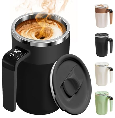 Automatic Self Stirring Coffee Cup with Temperature Display, Rechargeable Coffee Mug, Self-Stirring Mug with Lid, Stainless Steel Material Suitable for Coffee, Milk, and Other Beverages (Black)