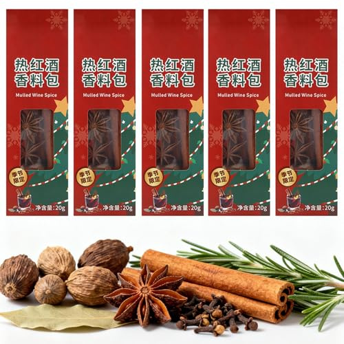 5 Confezioni di Kit di Spezie per Vin Brulé con Cannella, Arance Essiccate, Chiodi di Garofano e Anice Stellato, per Sidro di Mele, Vin Brulé, Glühwein, Hot Toddy Holiday Drink