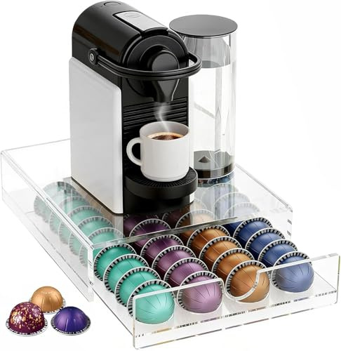 Tiroir de rangement transparent pour capsules de café Nespresso Vertuo, support de capsules de café avec tiroir coulissant, support de capsules de café en acrylique pour comptoir, organisateur de