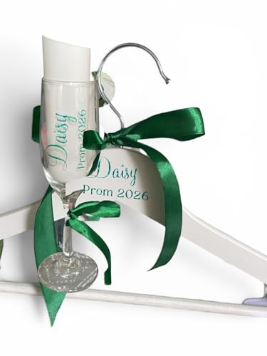 CraftyGstudio Personalised Prom Gift Set, White Hanger and Champagne Flute with Custom Ribbon and Colour Text