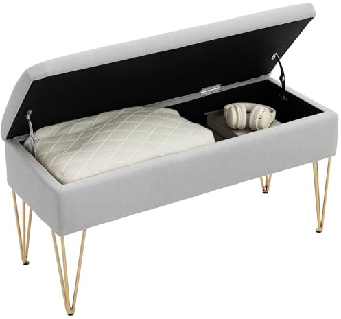 HOMCOM Banco Pie de Cama, Taburete Pie de Cama Tapizado en Lino Sintético con Patas de Acero y Asiento Acolchado, Estilo Moderno, Banco para Dormitorio, Entrada, Pasillo, Gris Claro