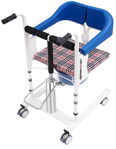 Elevador de pacientes hidráulico, silla de traslado, silla de ducha, asiento de inodoro, apertura de 180°, altura regulable, carga de 90 kg, con orinal, ruedas con frenos, para personas mayores, azul