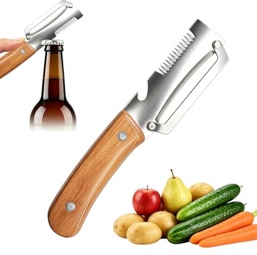 Pelador de vegetales de acero inoxidable con mango de madera, Ayudante de cocina 3-en-1 con raspador Julienne y abrelatas, Fácil de limpiar y duradero (Stil eins)