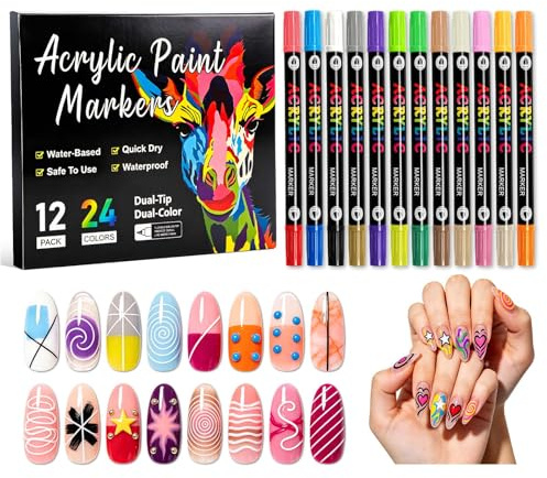 Yooyan Juego de 12 lápices de uñas de 24 colores, doble punta acrílica, esmalte de uñas de secado rápido, decoración de arte de uñas para manualidades, graffiti y diseño de uñas 3D