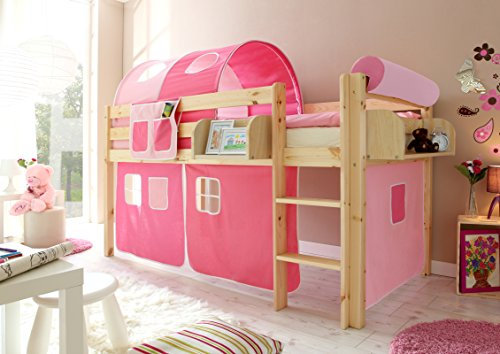 TiCAA Hochbett, Kinderbett Spielbett mit Treppe aus Kiefer Massivholz Bettgestell 90 x 200