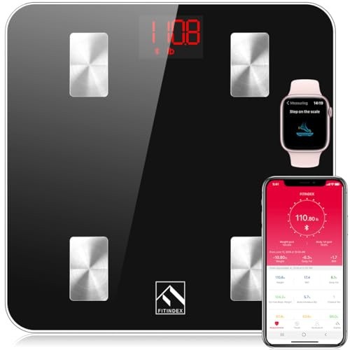 FITINDEX Scale with BMI, Body Fat, Muscle Mass, Smart Scale for Body Weight, Bluetooth, Digital, Sync with App, User Health Equipment