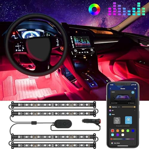 Govee Striscia LED Auto con APP, 4pcs 22cm Due linee Luci LED Interne, 12V | 16M Colori DIY, 4pz 48 Strisce Accendisigari con Funzione Memoria, Impermeabile, Protezione Cortocircuito, SUV e Berlina, 12V