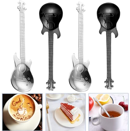 4 Piezas Cucharas de Café, Cucharas de Acero Inoxidable, Guitarra Cucharillas de café Cucharas De Espresso cucharas Moka, para té café Postre Chocolate Caliente Yogur Postre Helado, Plata, Negro