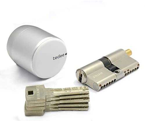 tedee Set - elektronisches Türschloss mit ABUS Bravus.2500 MX Hochsicherheits-Zylinder 30/30K inkl. 5 Wendeschlüssel | Steuerung via Bluetooth | iPhone & Android | Smart Home | Silber