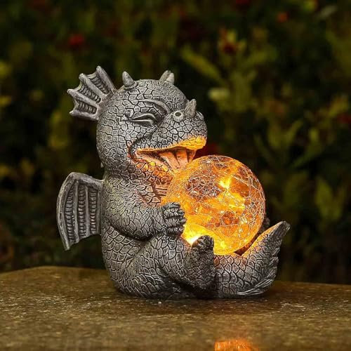 Jy.Cozy Statues de Dragon de Jardin – Adorables Figurines de Dragon en résine, Tenant Un orbe Magique avec lumières LED solaires, décorations de Printemps pour terrasse, Cour, pelouse, Porche,