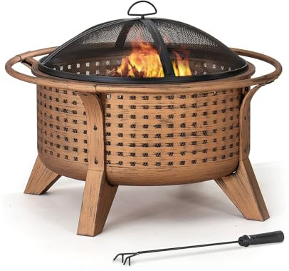 SUNJOY 76 cm Feuerschale aus geflochtenem Stahl – Runder Feuerkorb mit Funken-Schutz und Schürhaken für Terrasse & Garten