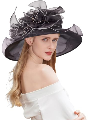 ELLYDOOR Kentucky Derby Hut Organza Fascinator Kirche Hüte für Frauen Braut Hochzeit Tee Party Hut breite Krempe Sonnenhut, 09 Schwarz, Einheitsgröße