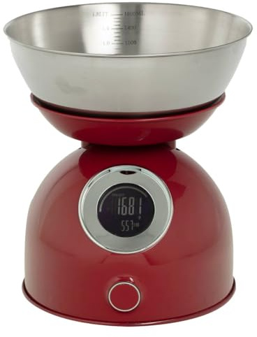 5five Bilancia da cucina digitale con ciotola rimovibile in acciaio inox Display a LED Funzione orologio Capacità 5 kg Regolazione tara e misurazione Rosso