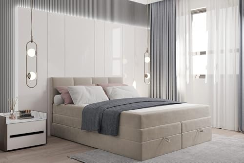 TRADA Boxspringbett Prado mit Matratze und Bettkasten, 160x200 cm, Beige | Elegant Bett mit Matratze und Bettkasten, Modern Double Bed fur Schlafzimmer