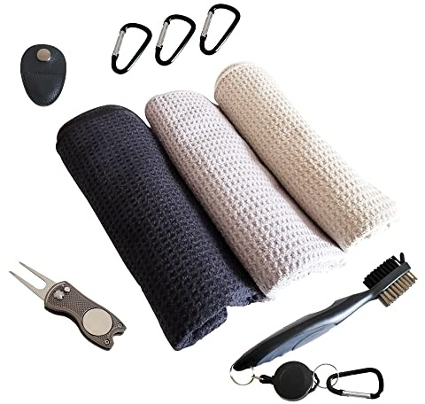Golfhandtuch Magnetisch + Golf Club Bürste + Pitchgabel im Set - 3 x Golf Towel 60x40cm Mikrofaser Golfhandtücher Waffel Muster inklusive Magnet Clip (Pitchgabel Grau)