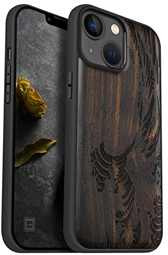 Carveit Holz Cover für iPhone 14, Dunklesholz-Die Welle Kanagawa | Handyhulle kompatibel MagSafe Massivholz für iPhone 14 Handyhülle Stoßstange Weich TPU Case