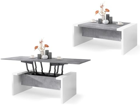 All4All Couchtisch Carlo - Kaffeetisch - Wohnzimmertisch - Sofatisch - ausklappbar - höhenverstellbar - 110x70cm - 05 - Beton + Weiß