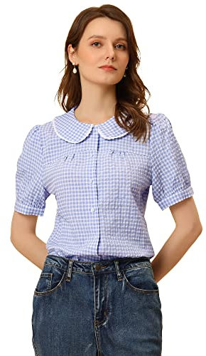 Allegra K Chemisier à Carreaux pour Femmes Contraste à Manches Courtes Bouffantes Haut Chemise à col Claudine Bleu XS