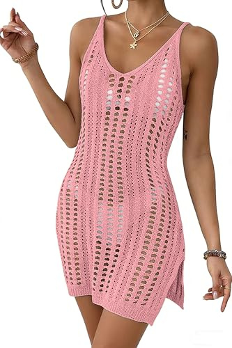 Timuspo Bikini Cover Up Damen Ärmellos Strandkleid Häkelkleid V-Ausschnitt Badeanzüge Überwurf Seitenschlitz Strandtunika