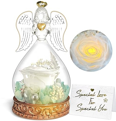 inyeskon Ewige Rose Geschenke, Ewige Rose in Engel Glaskuppel, Konservierte Blumen Handgemachte Ewige Rose für Frauen Freundin Mutter zu Valentinstag Weihnachten Geburtstag (Weiß)