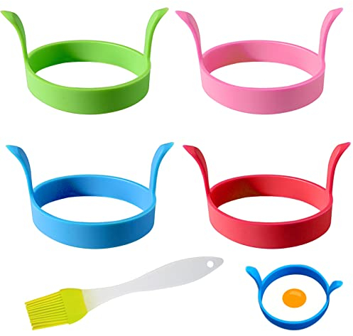 4 Stück Spiegeleiform Rund, Egg Ring Set Spiegelei Silikonform Eierformer Spiegelei Eierkochring Eierringe Antihaft Omelettform Mit Griffen Ölflaschenbürste Non Stick Crumpet Rings Ei Ring Für Pfanne